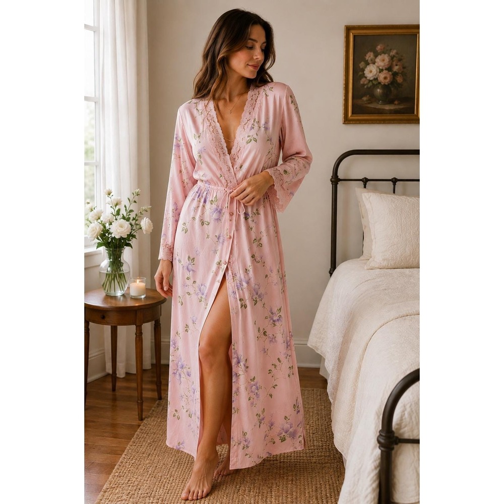 Vintage Tom Bezduda for Barad Pink Floral Lace Trim Maxi Nightgown Robe Small